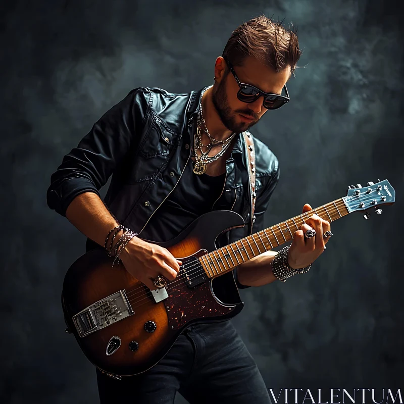 Man in Leather Jacket Playing Electric Guitar AI Image