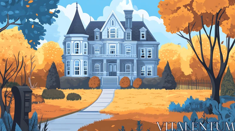 Victorian-Style Mansion in Autumn Scene AI Image