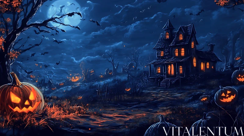 Eerie Moonlit Night with Haunted House and Pumpkins AI Image