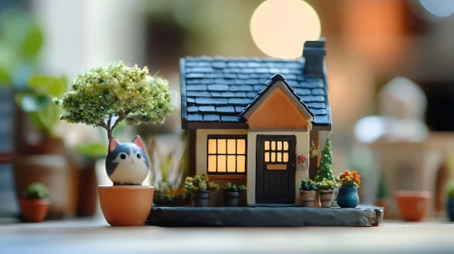 Cute Miniature House and Cat Figure