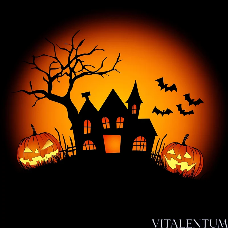 AI ART Spooky Halloween Haunted House with Pumpkins and Bats