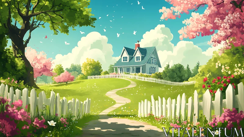 AI ART Idyllic Country House Amidst Blooming Trees and Flowers