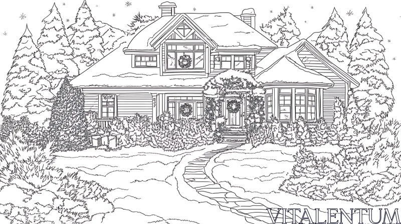 AI ART Cozy House in Snowy Garden Drawing