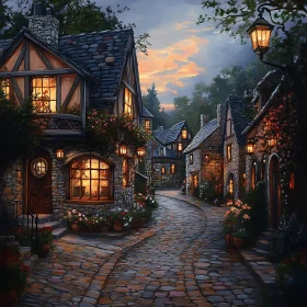 Evening Glow in a Cobblestone Village