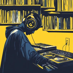 DJ Immersed in Music with Turntable and Records