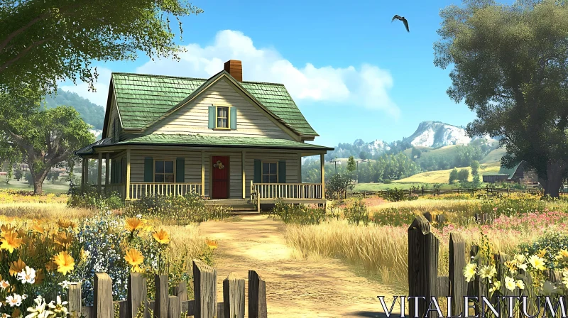 Rustic Cottage and Blooming Garden Landscape AI Image