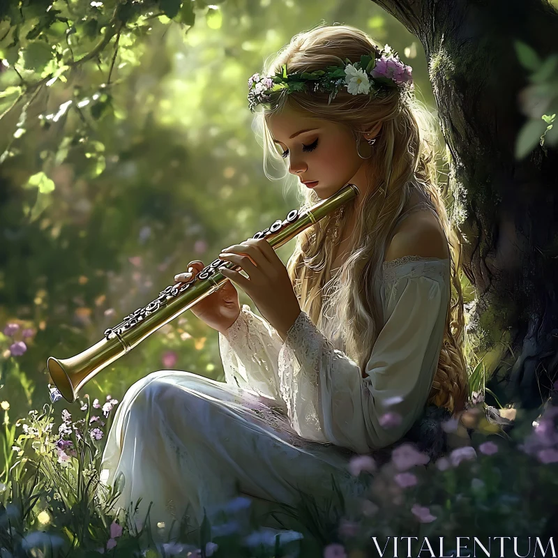 Woman Playing Flute in Sunlit Forest AI Image