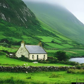 Tranquil Countryside Cottage with Misty Mountain Backdrop