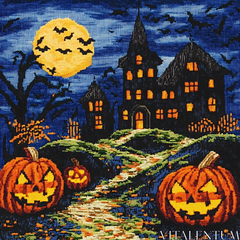 Spooky Halloween Night with Haunted House and Scary Pumpkins AI Image