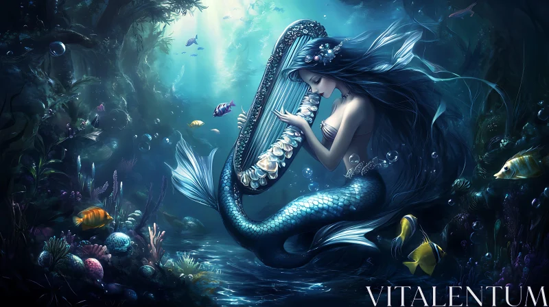 Mystical Mermaid Playing Harp Underwater AI Image