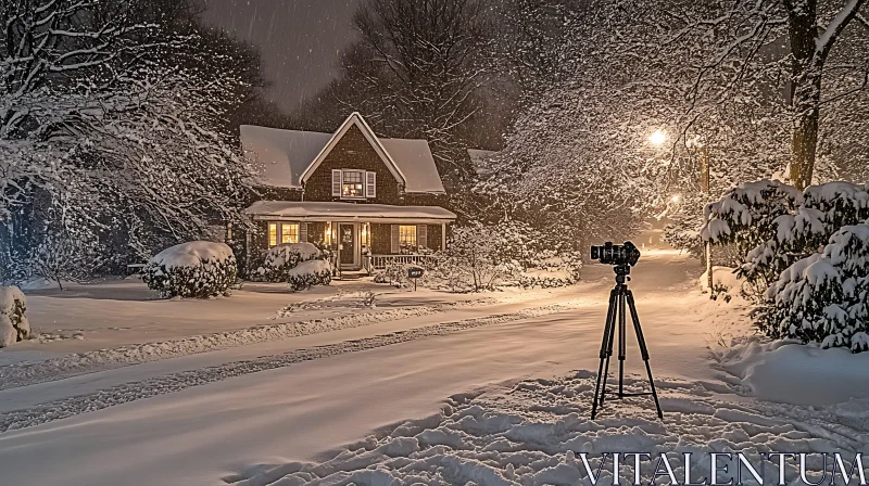 Winter Night Photography with Snow and Warm Cottage AI Image