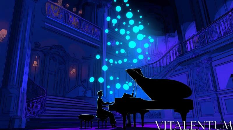 Mesmerizing Musical Performance with Floating Blue Lights in Lavish Hall AI Image