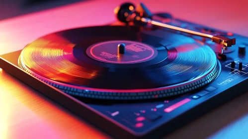 Retro Turntable with Vinyl and Colorful Lighting