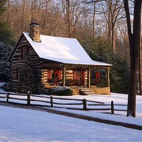 Festive Log Cabin with Snow and Holiday Decor