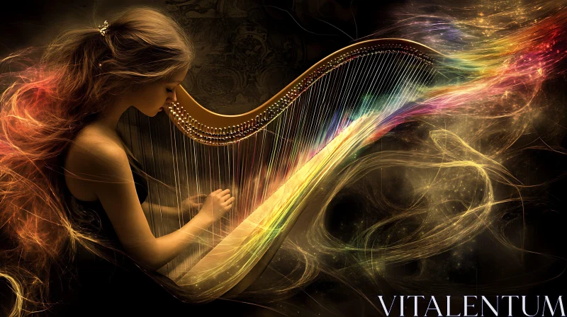 Mystical Woman Harpist in Golden Light AI Image