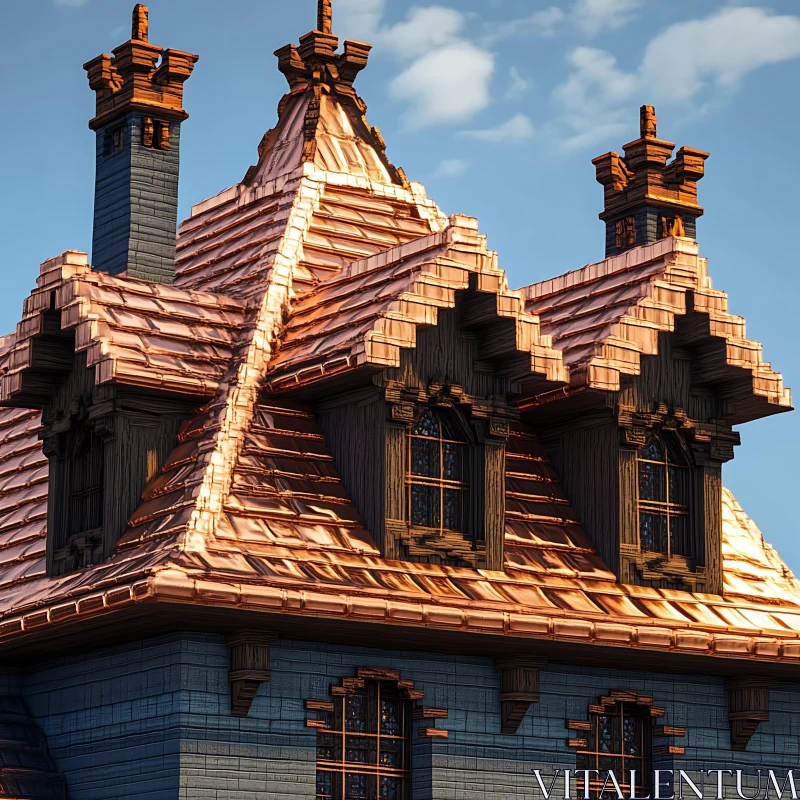 Detailed Architecture: Copper Rooftop with Gables and Chimneys AI Image