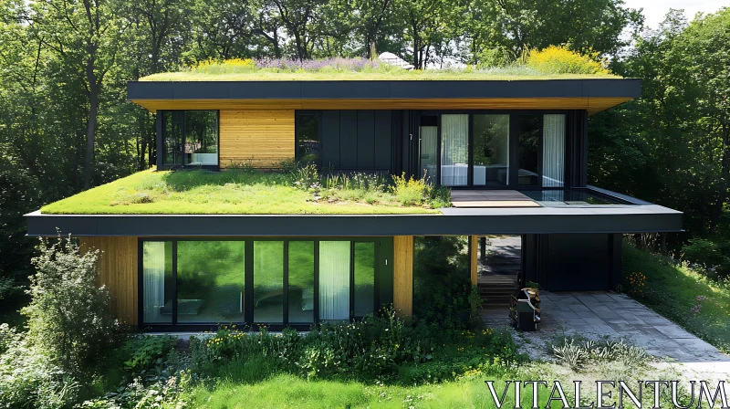 Eco-Friendly Modern Home with Green Roof and Nature Integration AI Image