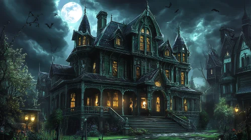 Eerie Haunted House Under Moonlit Sky