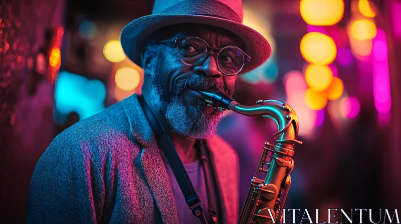 Urban Saxophone Melodies: Elderly Man in Neon AI Image