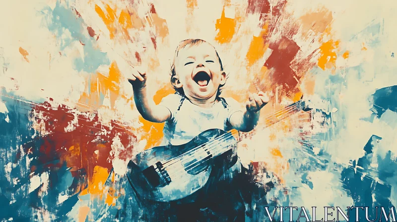 Expressive Colorful Artwork of a Happy Child with Guitar AI Image