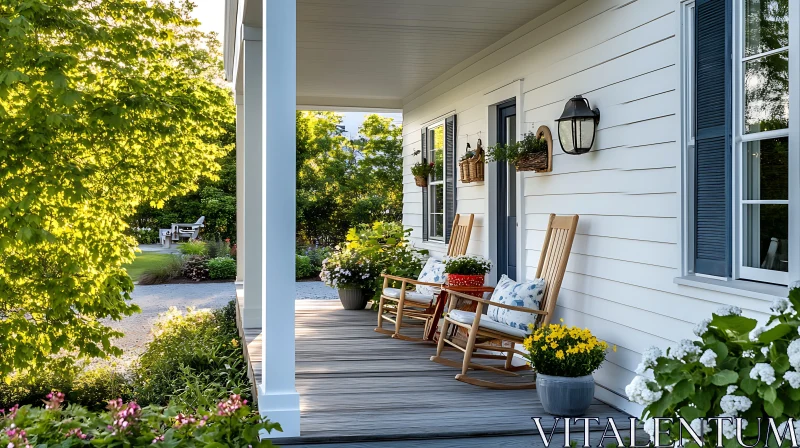 Charming Porch with Wooden Rocking Chairs AI Image