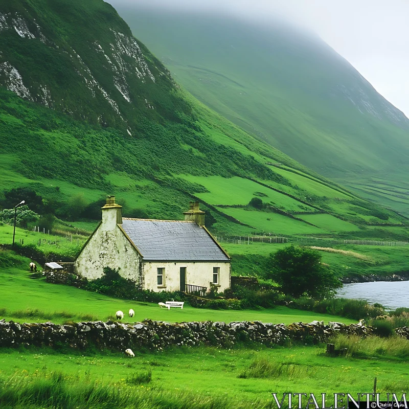 Tranquil Countryside Cottage with Misty Mountain Backdrop AI Image