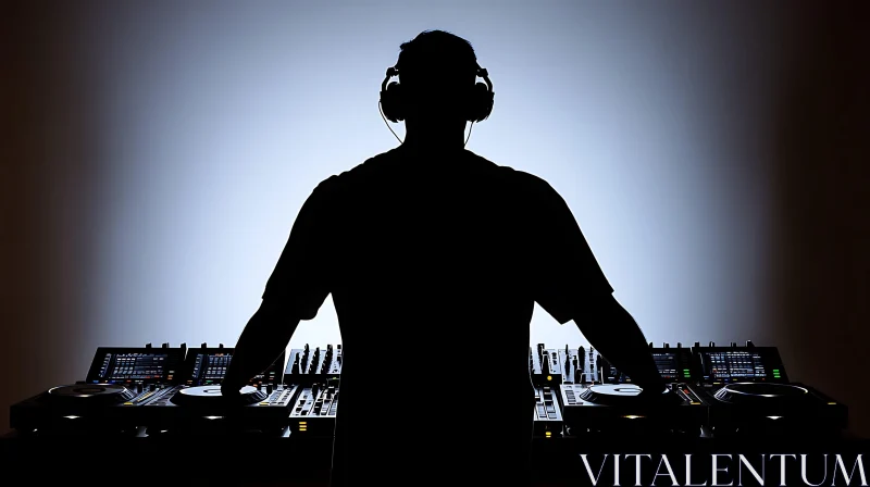 DJ in Silhouette with Mixing Console AI Image