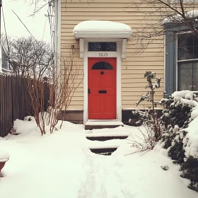 Snowy House Entrance and Red Door