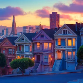 Colorful Victorian Houses Against a Sunset Skyline