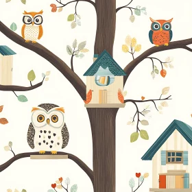 Playful Owls Perched on Branches with Unique Birdhouses