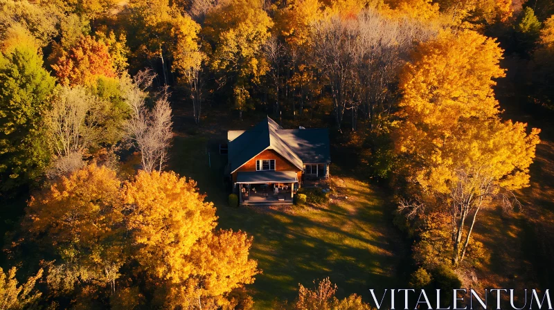 Autumn Cabin Surrounded by Golden Foliage AI Image