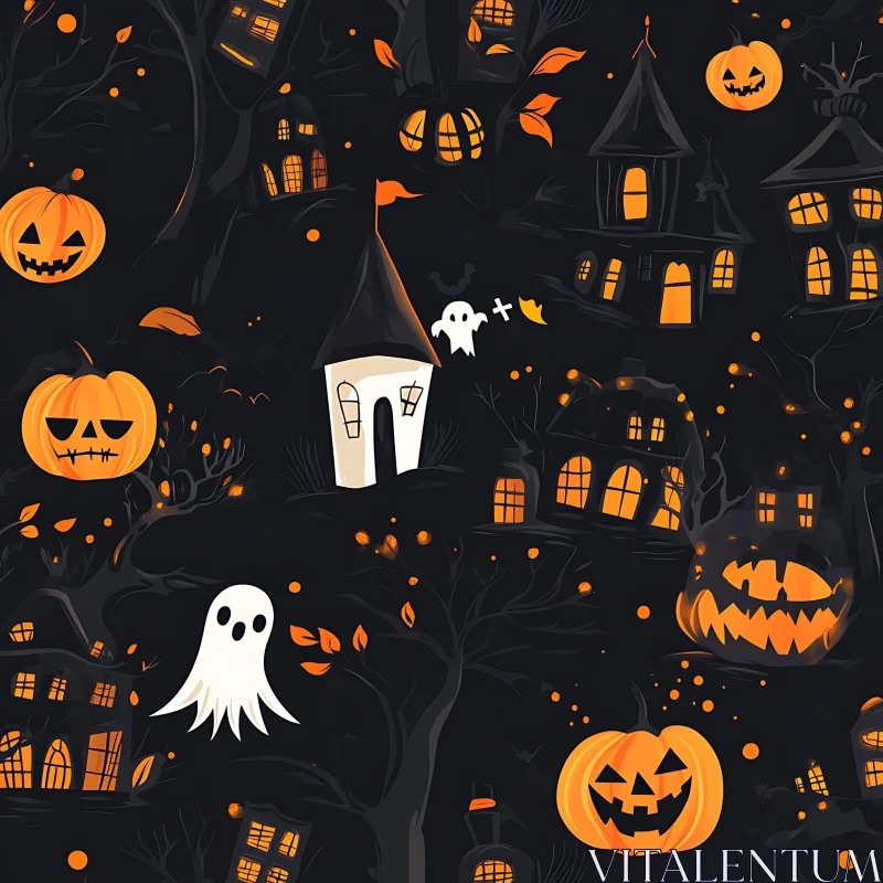 AI ART Spooky Haunted Houses and Halloween Pumpkins Scene