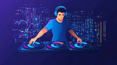 Futuristic DJ Illustration with Turntables and Neon Lights