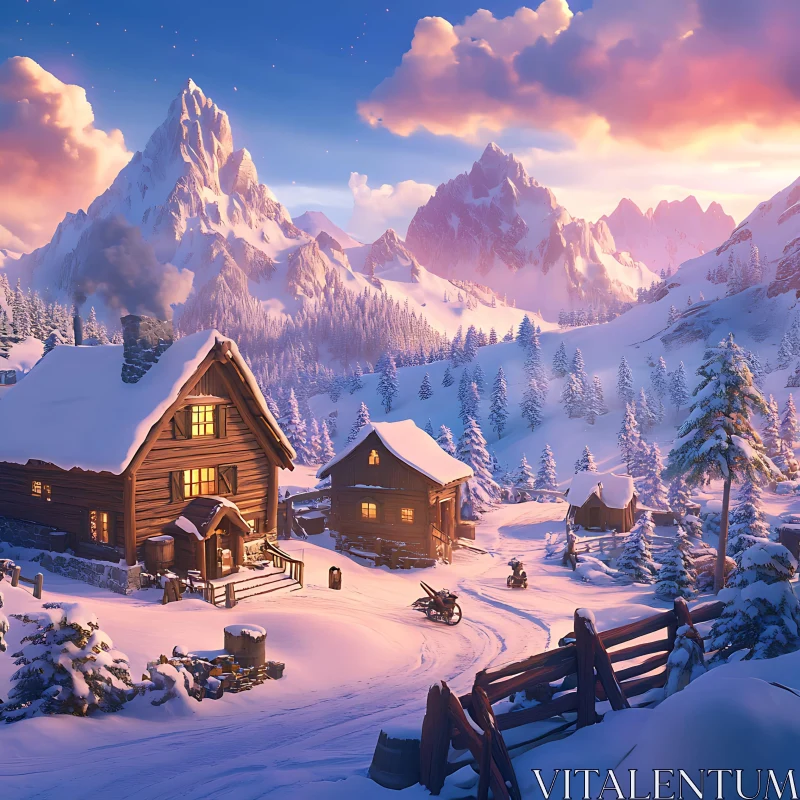 Serene Winter Wonderland with Wooden Cabins AI Image