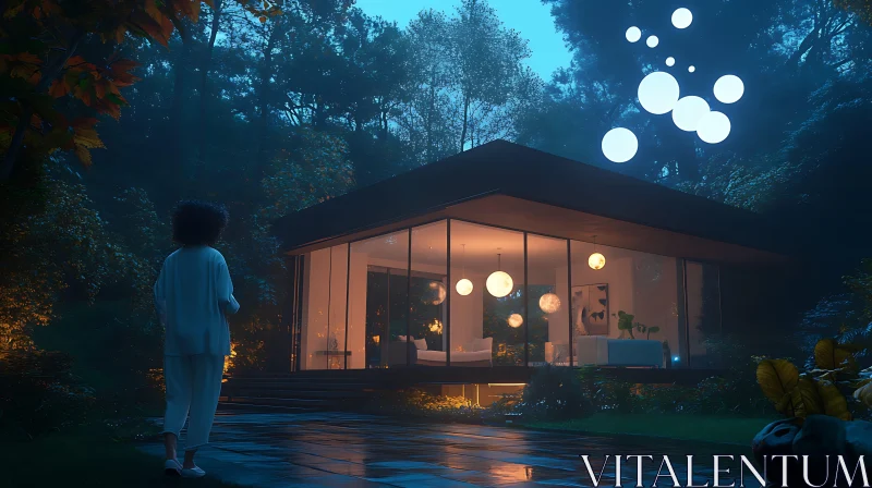 Illuminated House Amidst Forest AI Image