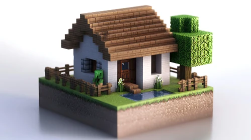 3D Minecraft-Inspired House with Fence and Tree