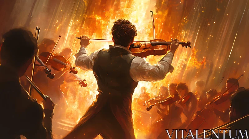 Intense Violin Orchestra Amidst Flames AI Image