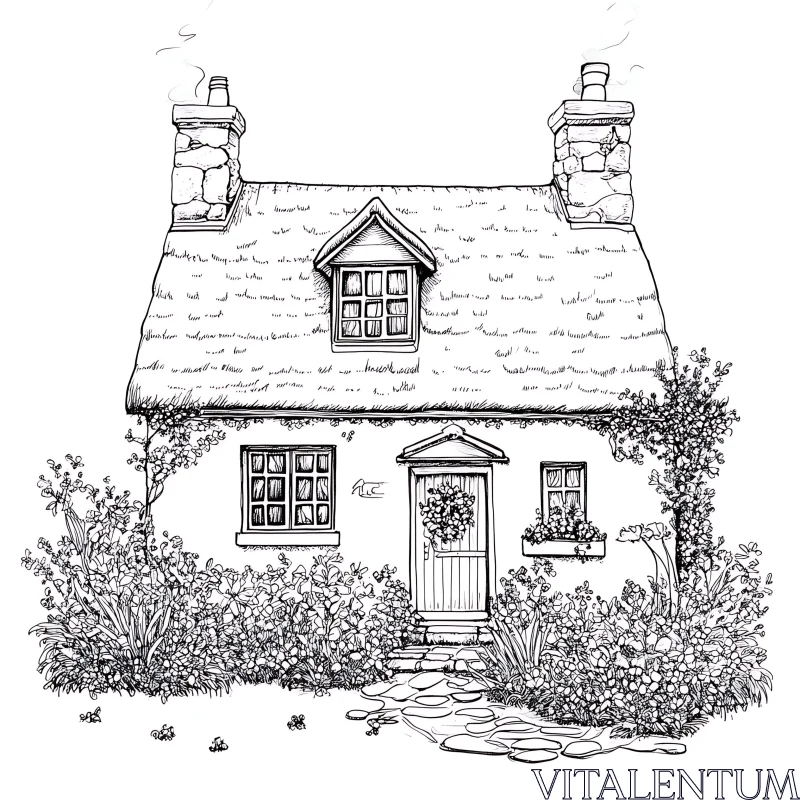 Charming Cottage Drawing with Flowering Garden AI Image