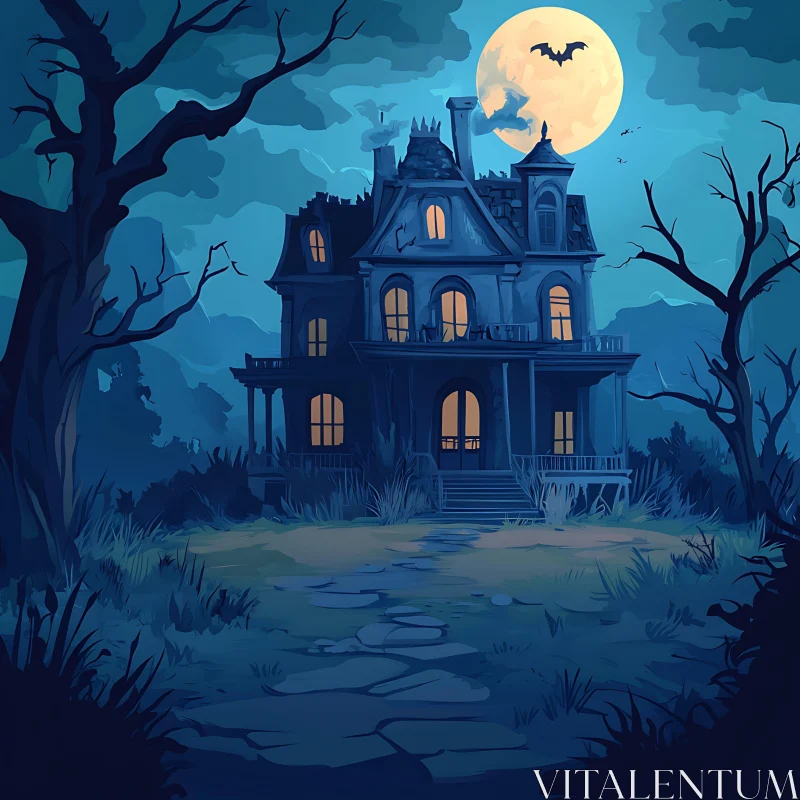 AI ART Eerie Abandoned Mansion in Moonlight