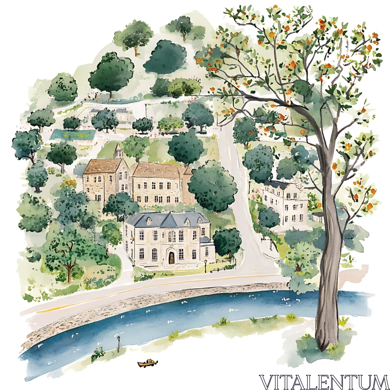 AI ART Serene Village Scene with Lush Trees and Gentle River