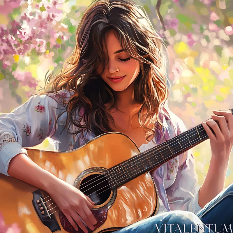 AI ART Serene Woman with Guitar Among Spring Flowers