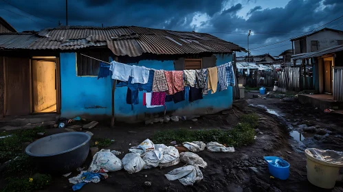 Moody Evening in an Urban Slum with Hanging Clothes