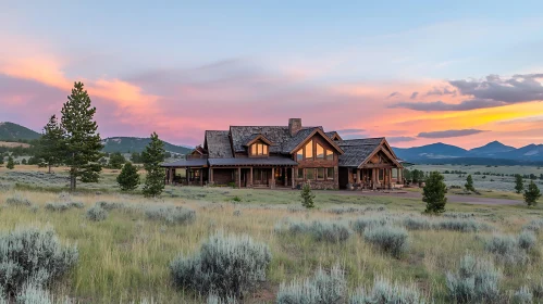 Picturesque Wooden Cabin in Wilderness at Dusk