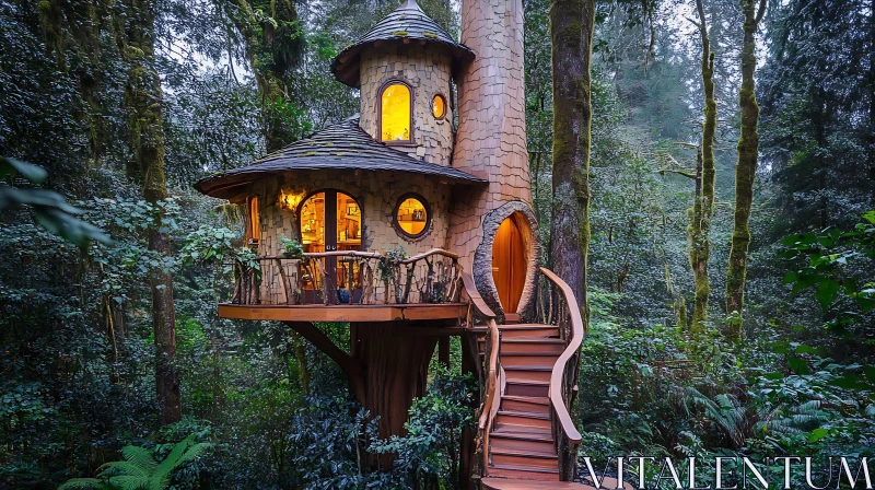 AI ART Whimsical Treehouse within a Dense Forest