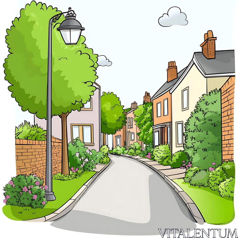 Peaceful Neighborhood Street with Charming Houses and Trees AI Image