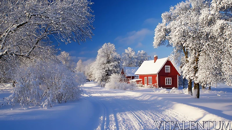 Picturesque Winter Cabin Amid Snowy Trees AI Image