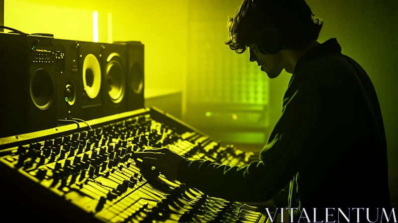 DJ Silhouette Working at Mixing Console AI Image