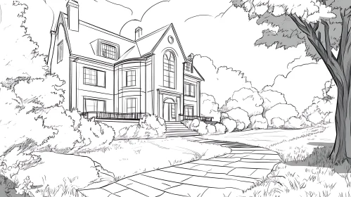 Mansion Architecture Sketch with Garden and Pathway