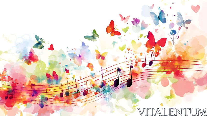 Butterflies and Music Notes on a Colorful Background AI Image