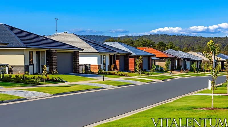 Modern Suburban Homes Lining a Perfect Street AI Image